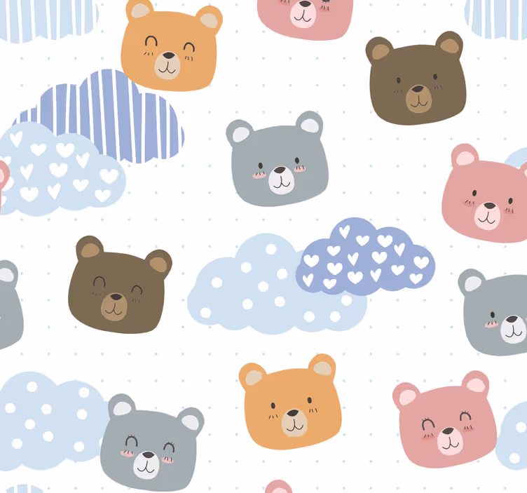 Papier peint chat dessin animé, ours, nuages - TenStickers
