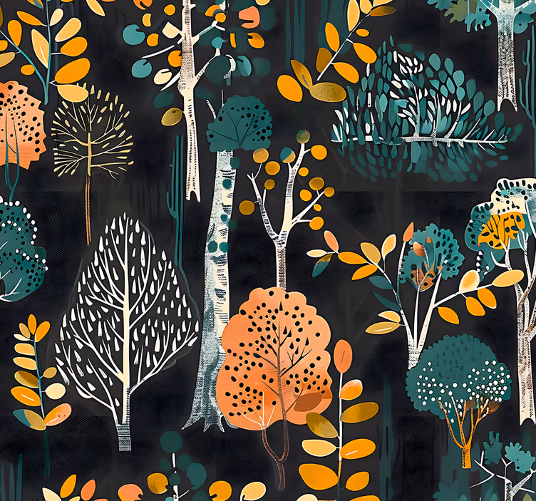 Papier peint entrée motif d'arbres sur fond noir - TenStickers