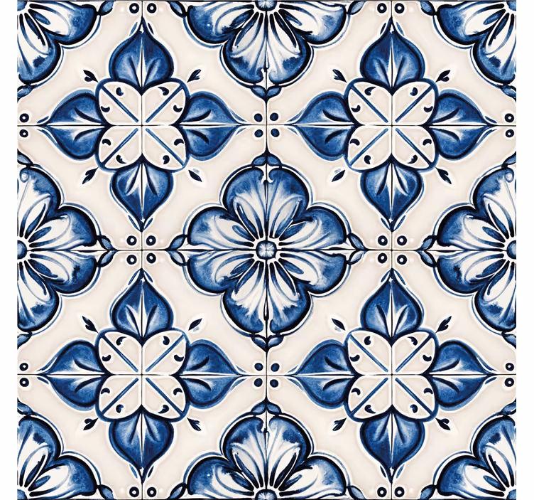 Papier peint carrelage motif floral bleu - TenStickers