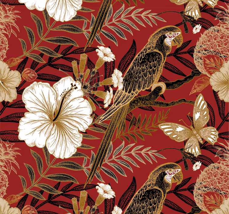 Papier peint perroquets motif élégant floral rouge - TenStickers