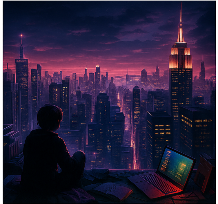 Store enrouleur geek vue de jeu de gratte-ciel futuriste - TenStickers