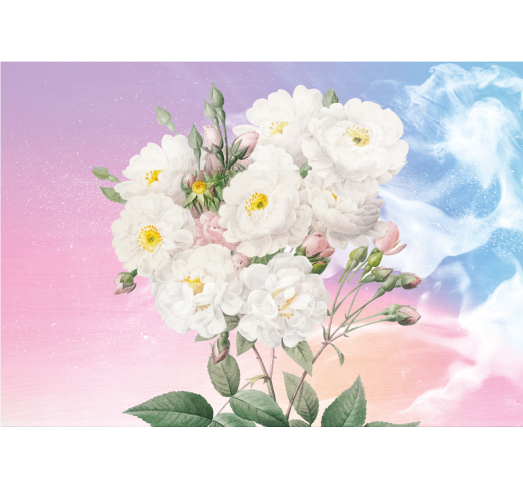 Store enrouleur cuisine fleurs blanches fond bleu orange - TenStickers