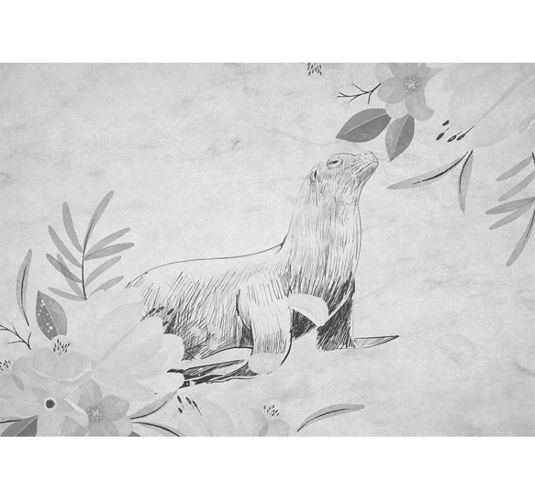 Store enrouleur blanc phoque gris nageant et fleurs - TenStickers