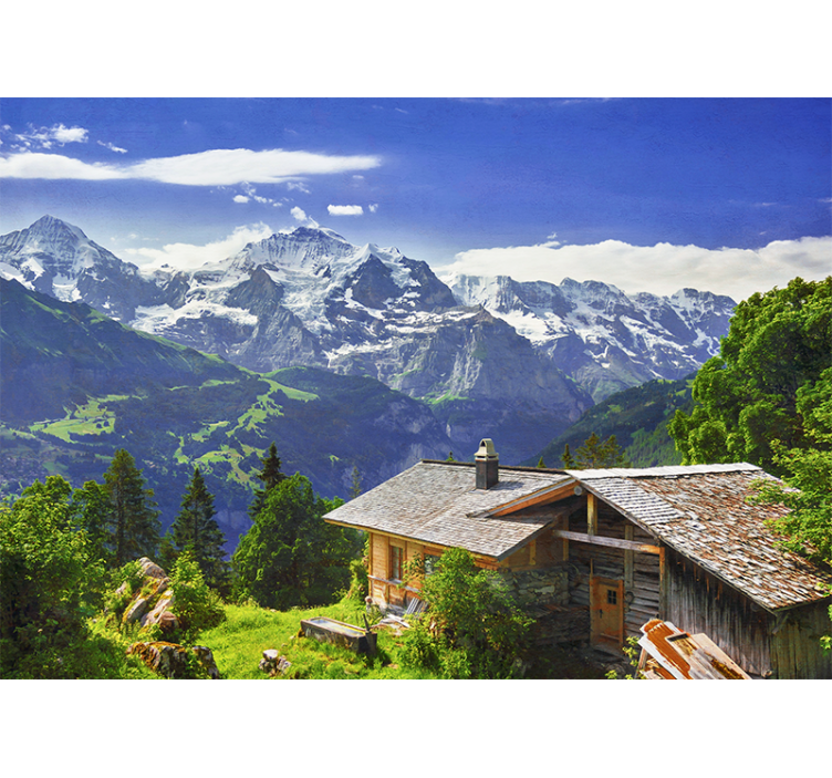 Store enrouleur salon montagnes enneigées et champ vert - TenStickers