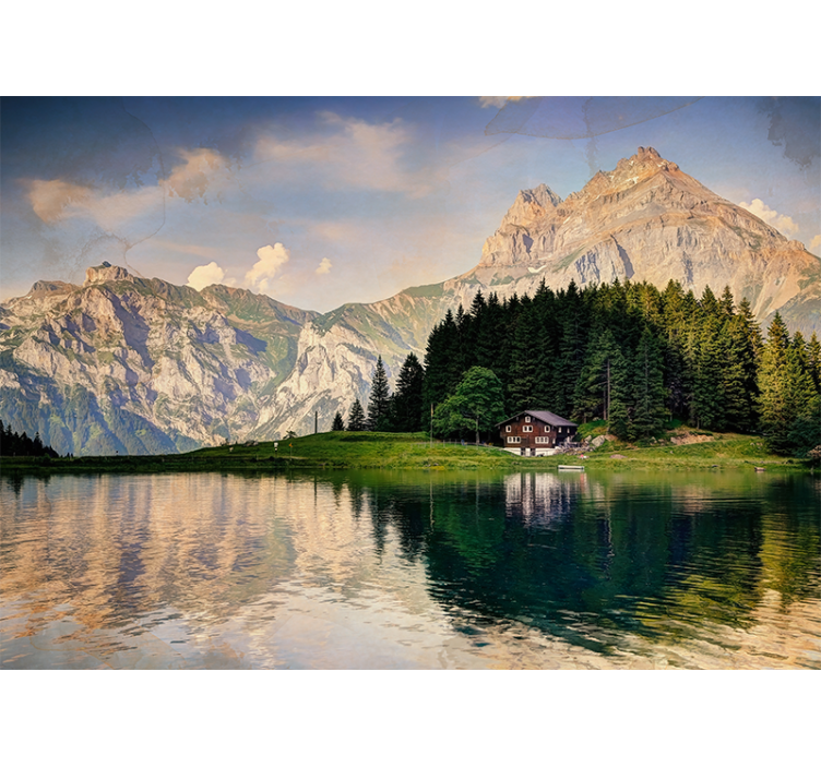 Store enrouleur salon maison au bord du lac montagnes - TenStickers