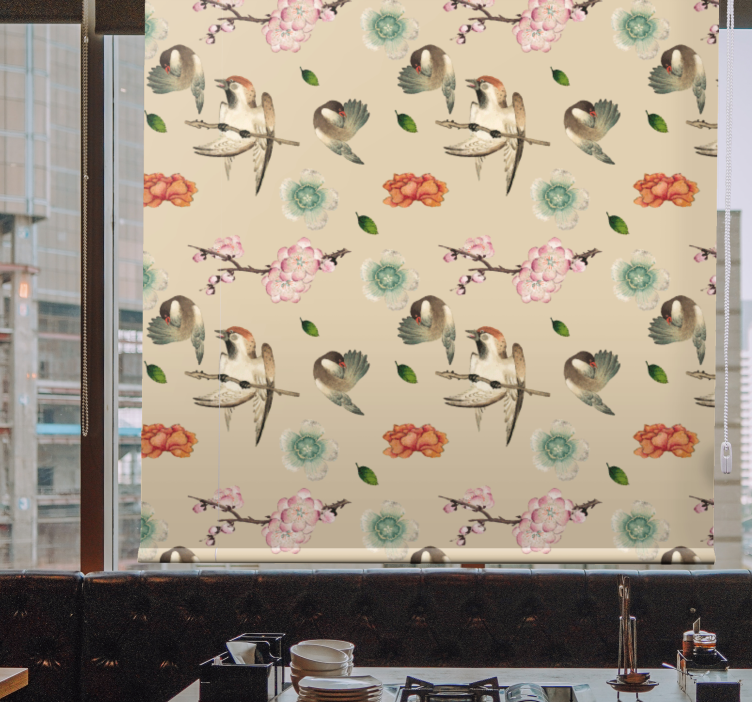 Stores enrouleurs fleurs et plantes motif aviaire beige - TenStickers
