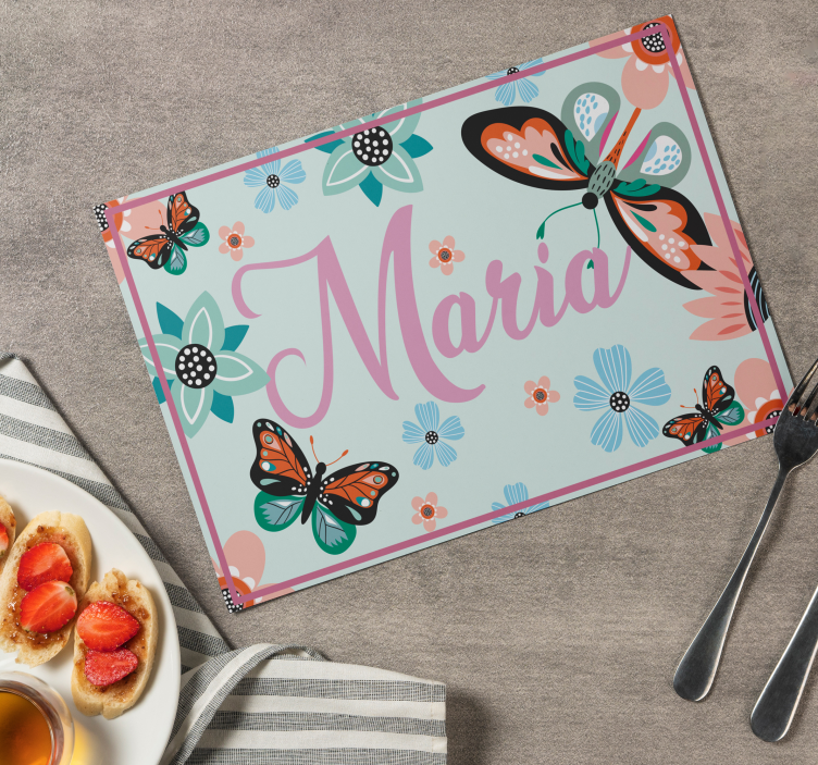 Set de table forme rectangulaire fleur et papillons avec nom - TenStickers