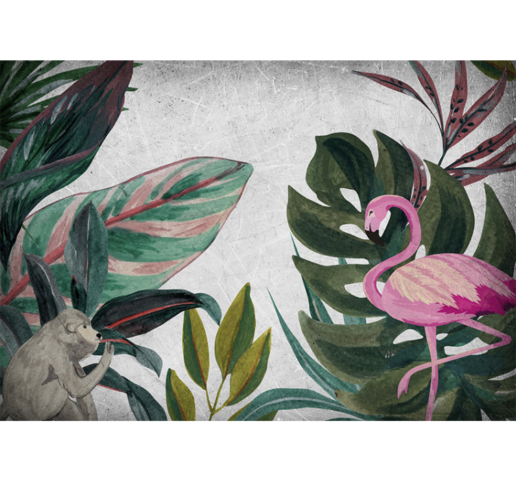 Tapisserie jungle flamant rose et singe - TenStickers