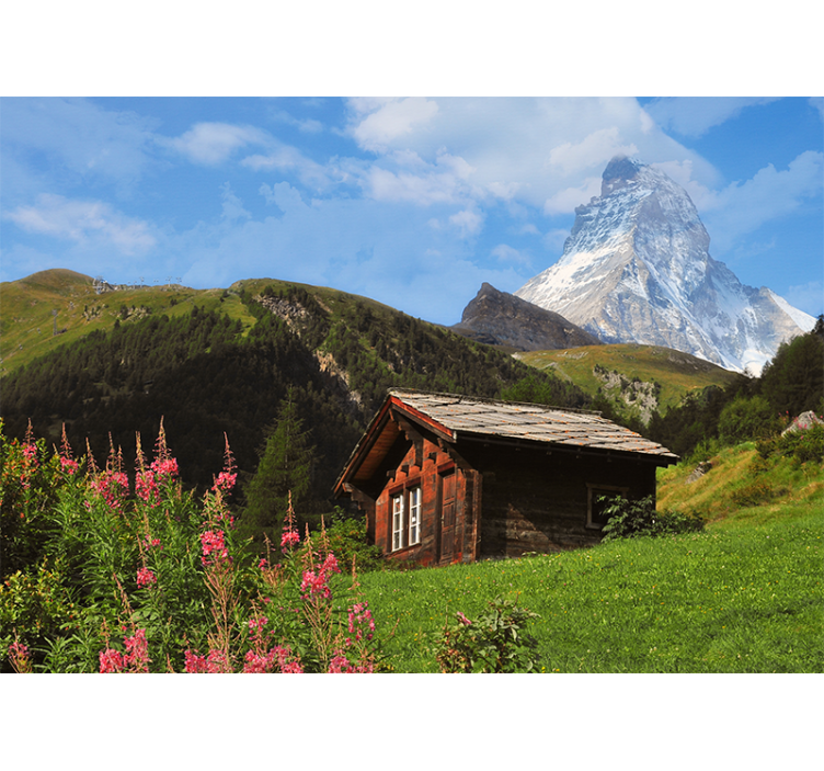 Tapisserie paysage vue sur le chalet en montagne - TenStickers