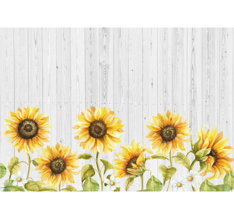 Tapisserie fleur tournesols sur texture bois - TenStickers