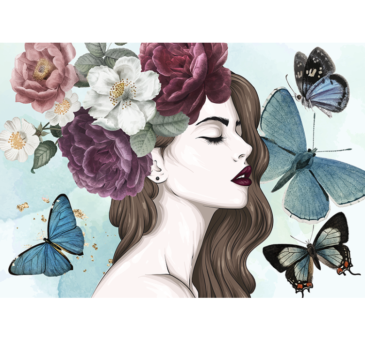 Tapisserie fleur femme avec des papillons - TenStickers