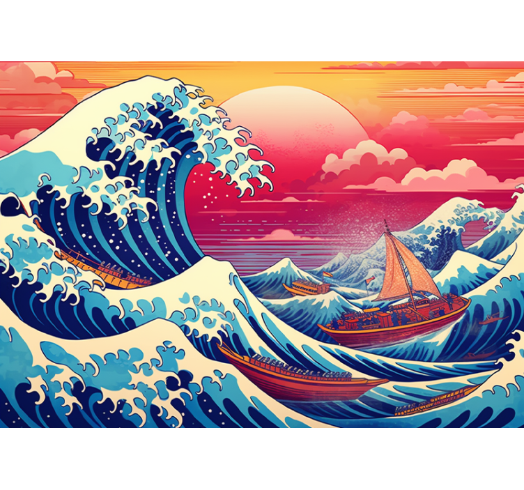 Tapisserie murale art classique couleurs saturées de vagues japon - TenStickers