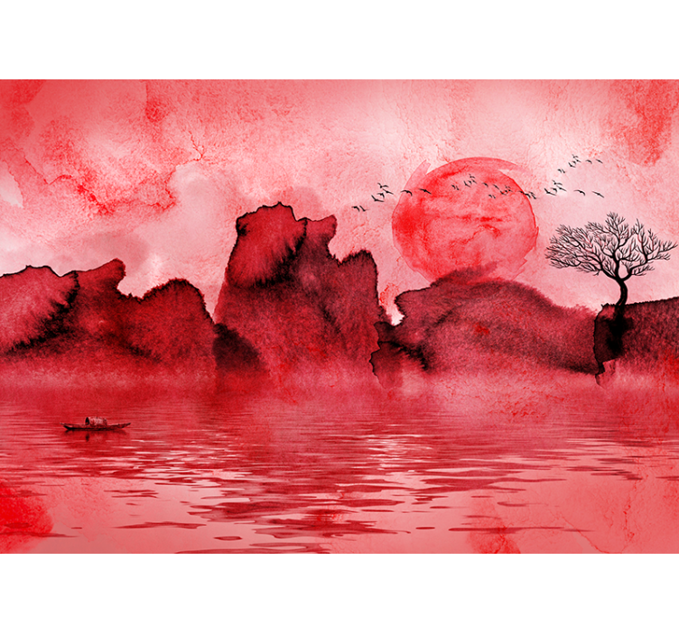 Tapisserie murale rouge paysage à l'encre de chine - TenStickers