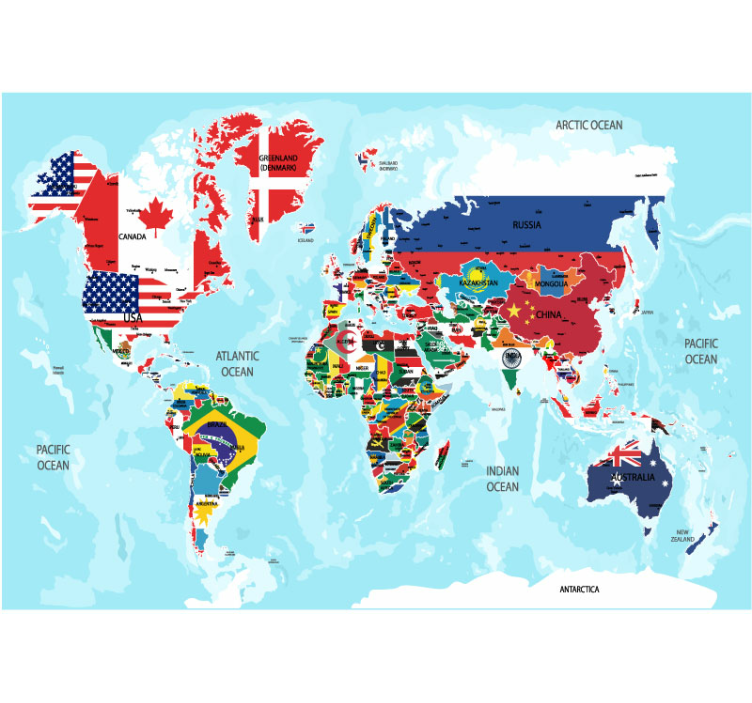 Papier peint mural carte du monde Carte du monde avec des drapeau - TenStickers