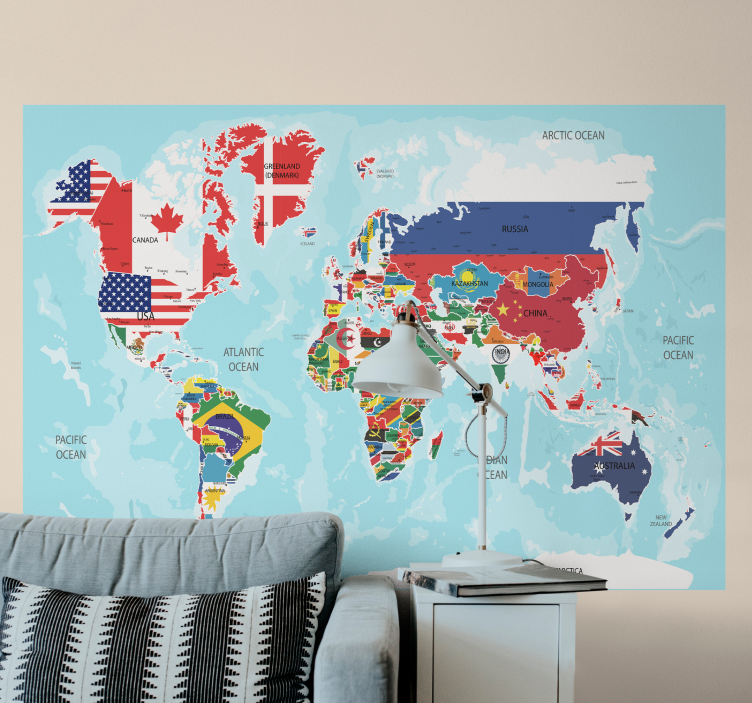 Papier peint mural carte du monde Carte du monde avec des drapeau - TenStickers