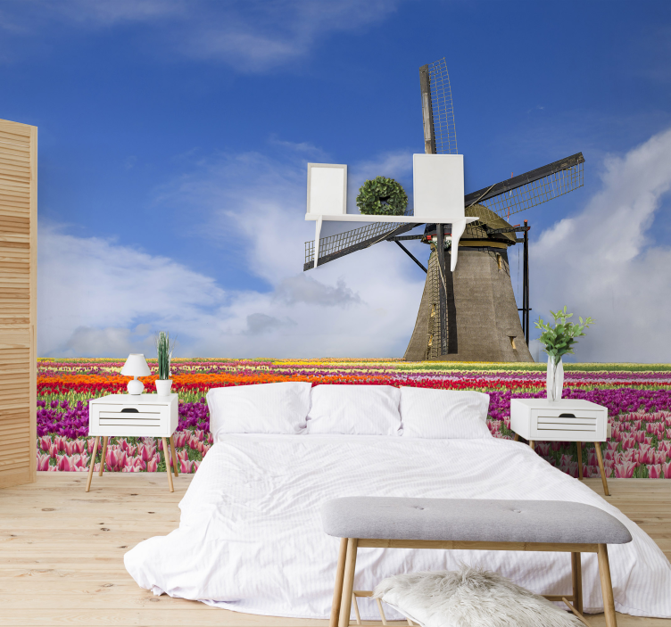 Papier peint champ de tulipes et moulin à vent - TenStickers