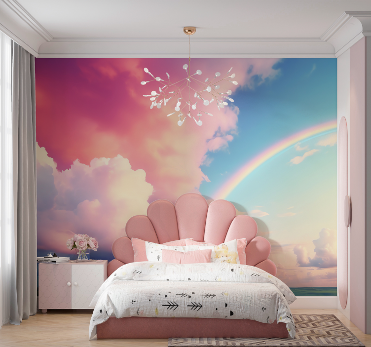 Tapisserie murale enfant ciel nuageux avec arc-en-ciel - TenStickers