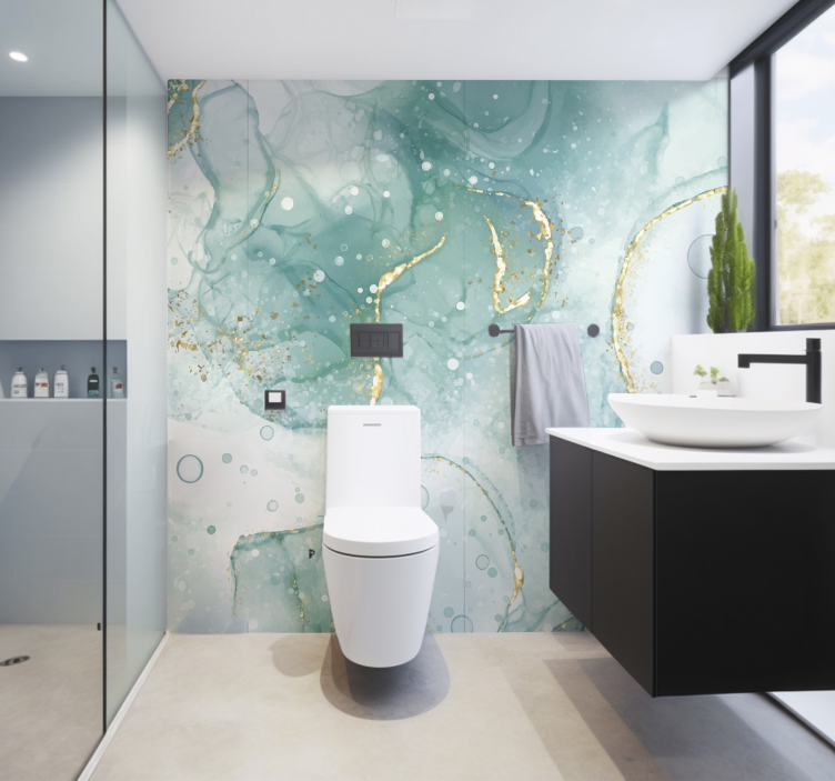 Tapisserie murale salle de bain marbre turquoise et or - TenStickers