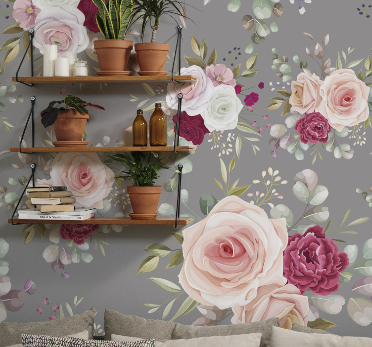 Papier peint Fleurs roses paon sur mur gris - TenStickers