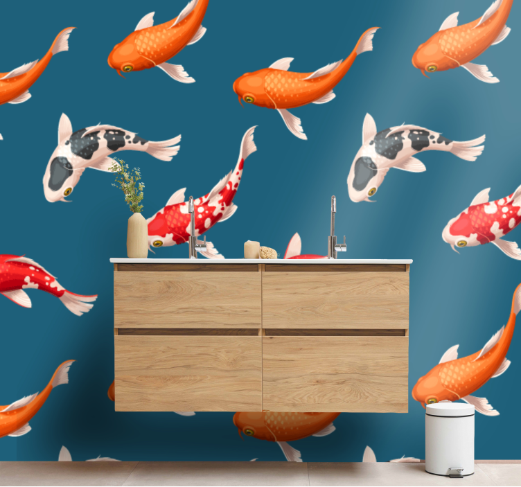Papier peint salle de bain Fond bleu  poisson koi - TenStickers