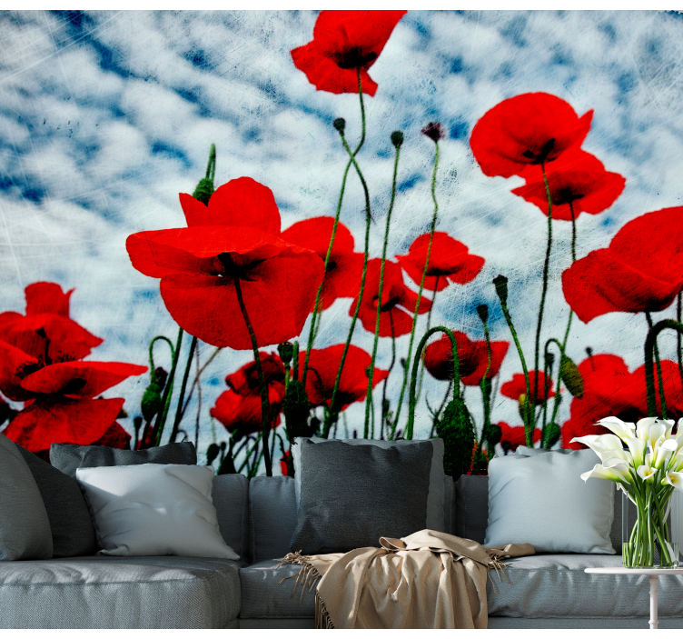 Tapisserie coquelicots ciel bleu nuageux - TenStickers