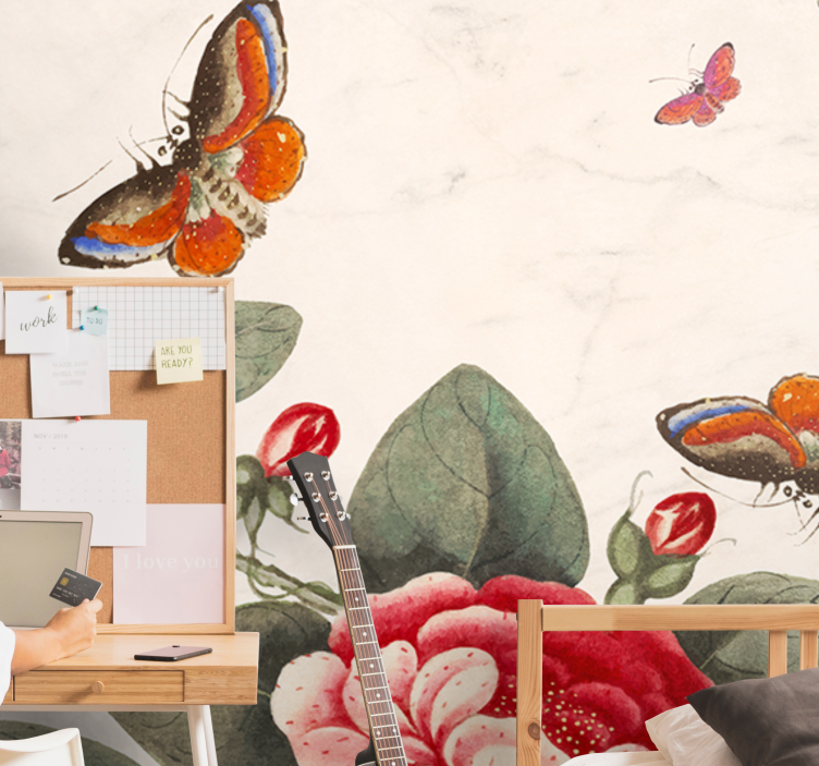 Tapisserie fleur insectes volants et fleurs - TenStickers