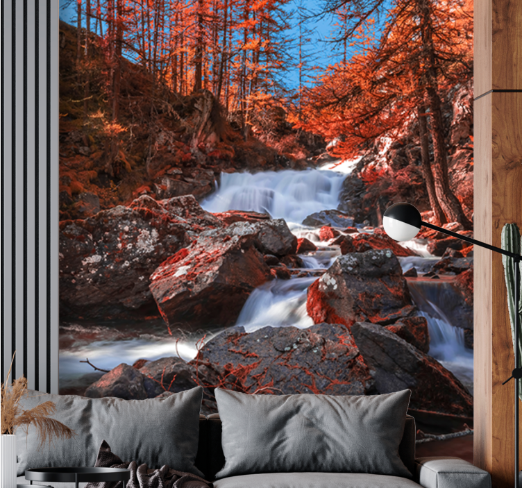 Tapisserie montagne ruisseau rocheux en cascade - TenStickers