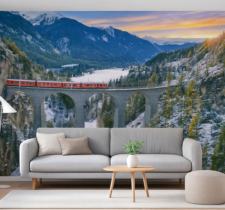 Tapisserie montagne train suisse sur le viaduc de landwasser - TenStickers