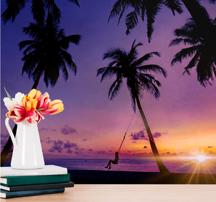 Tapisserie nature palmier en balançoire au coucher du soleil - TenStickers