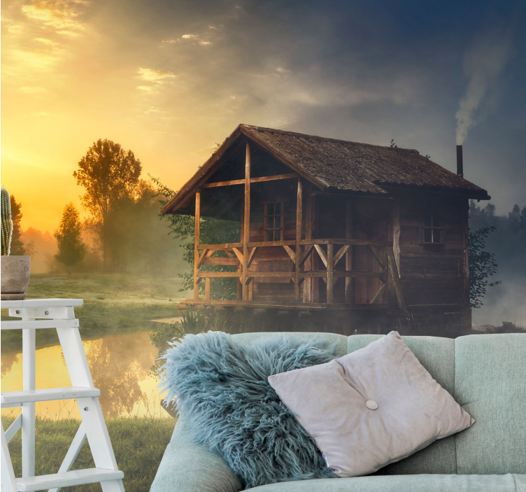Tapisserie paysage cabane sereine au coucher de soleil - TenStickers