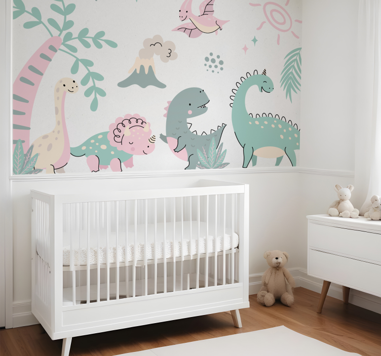 Tapisserie pour chambre bébé dinosaures pastels - TenStickers