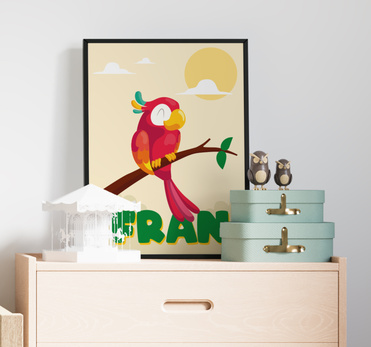 Poster chambre enfant perroquet rouge avec nom - TenStickers