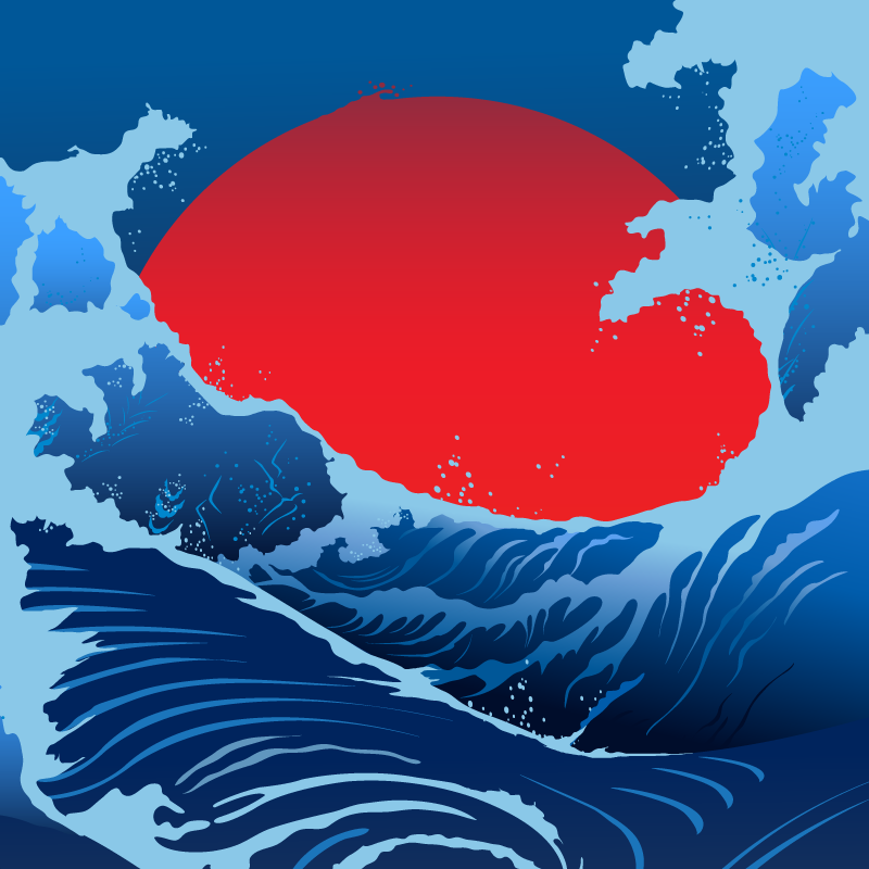 Poster paysages vagues de soleil rouge - TenStickers