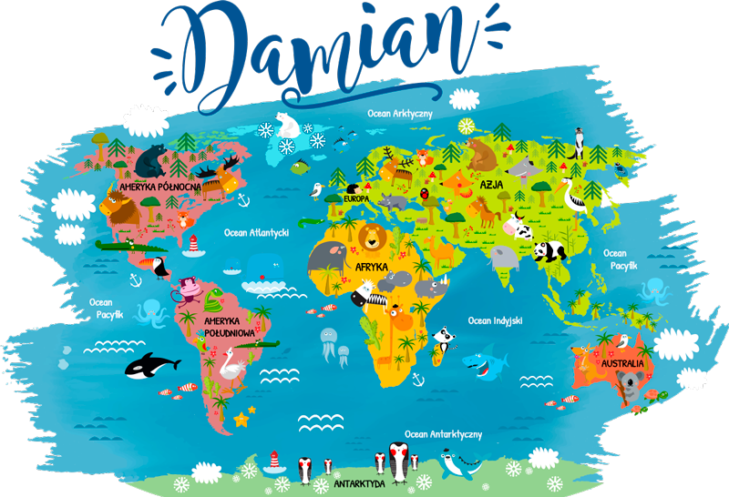 Poster carte du monde animaux avec noms en polonais - TenStickers