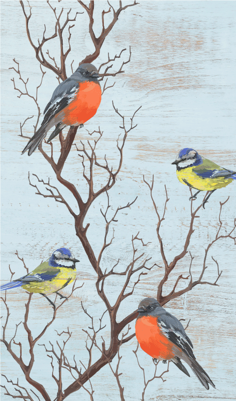 Poster vintage arbres bleus avec oiseaux - TenStickers