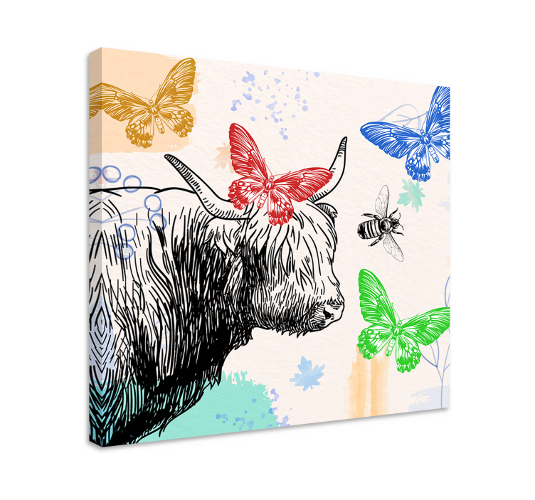 Tableau animaux vache des highlands et papillons - TenStickers