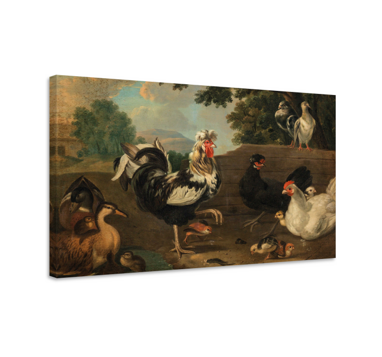 Tableau oiseaux Famille de coq et de poulet dans le pré - TenStickers
