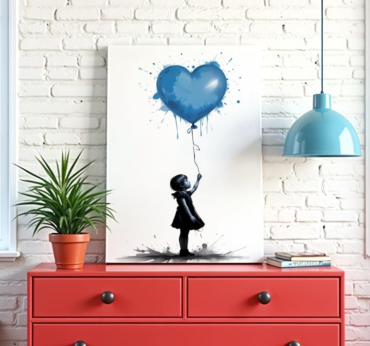 Tableau art fille avec un ballon en forme de coeur bleu - TenStickers