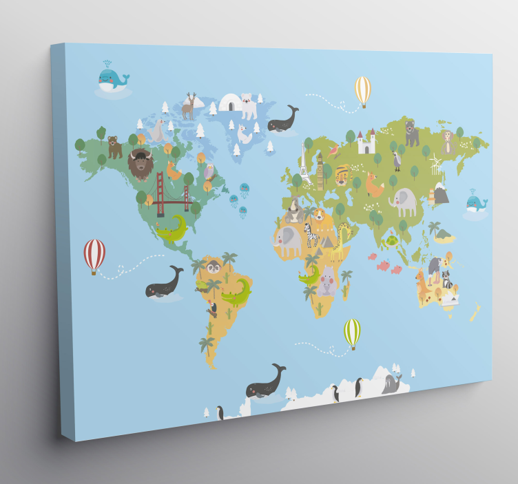 Tableau carte du monde carte des animaux fantaisie - TenStickers