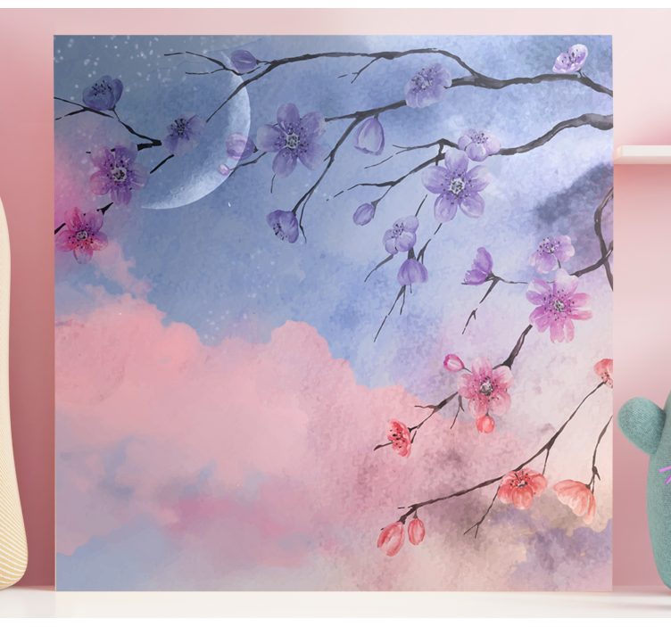 Tableau fleurs et plantes branches en fleurs avec lune - TenStickers