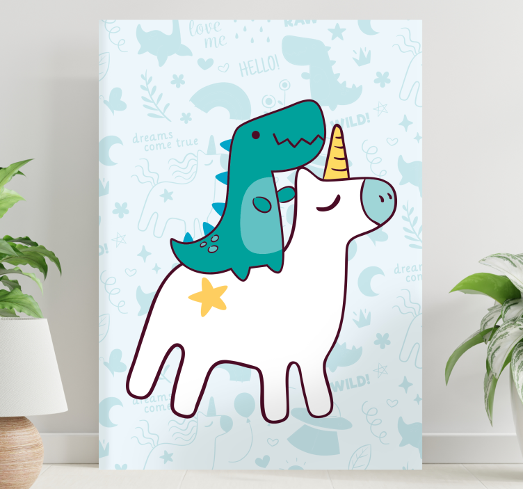 Tableau licorne dinosaure chevauchant une licorne - TenStickers