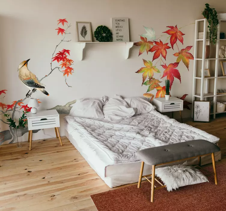 Sticker mural nature branche érable avec oiseau - TenStickers