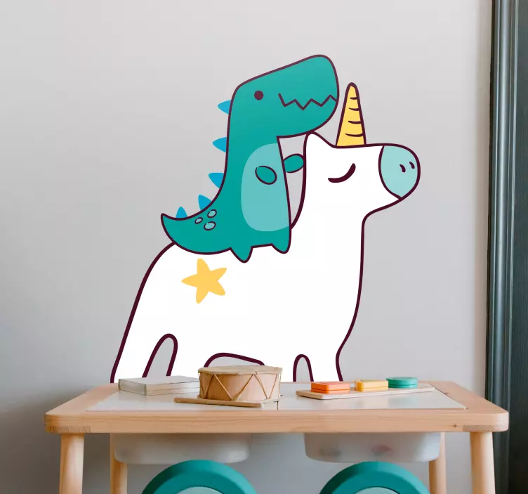Sticker enfant dinosaure chevauchant une licorne - TenStickers