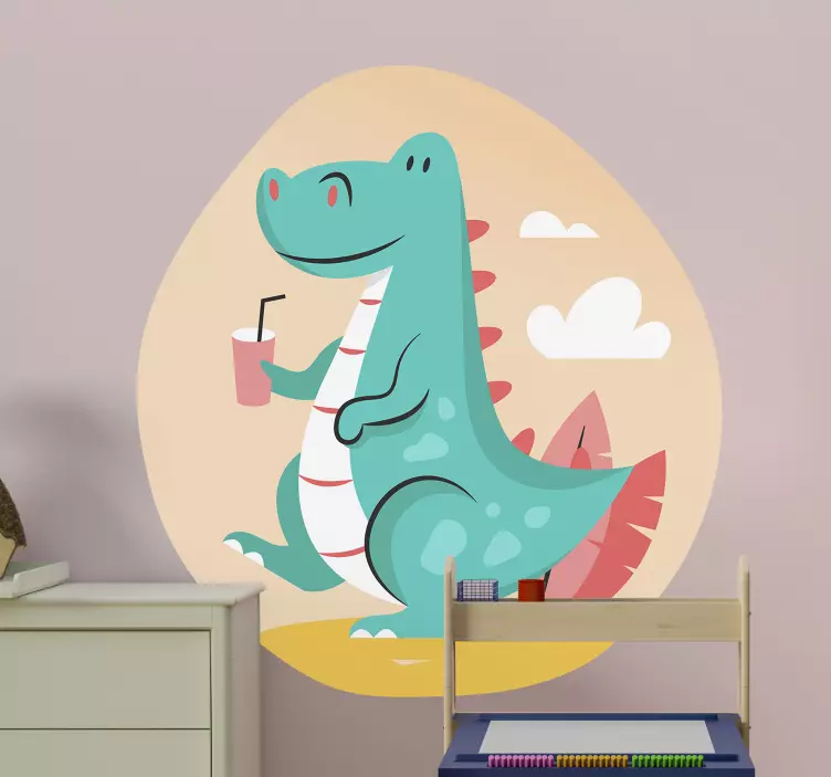 Sticker enfant dinosaure joyeux savourant une boisson - TenStickers