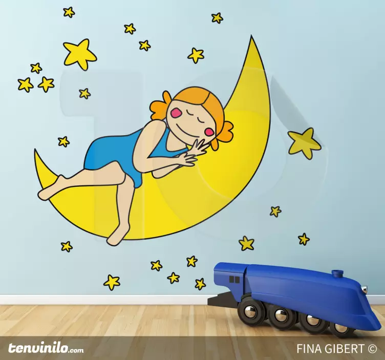 Sticker enfant fille endormie sur la lune - TenStickers