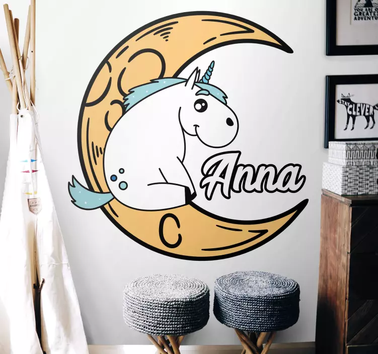 Sticker enfant licorne lune personnalisée - TenStickers