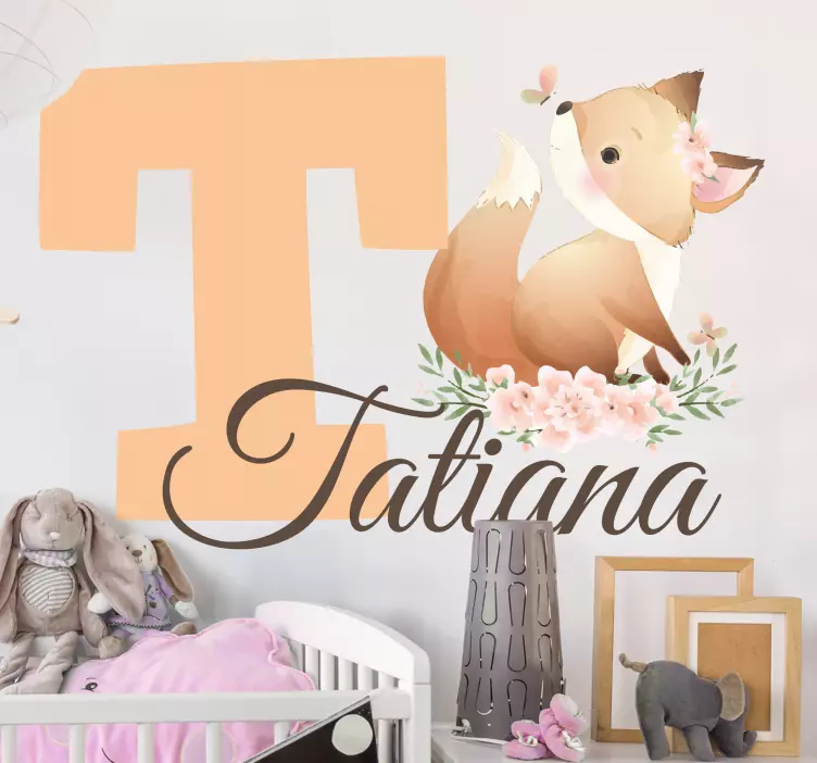 Sticker enfant renard avec initiale et prénom - TenStickers