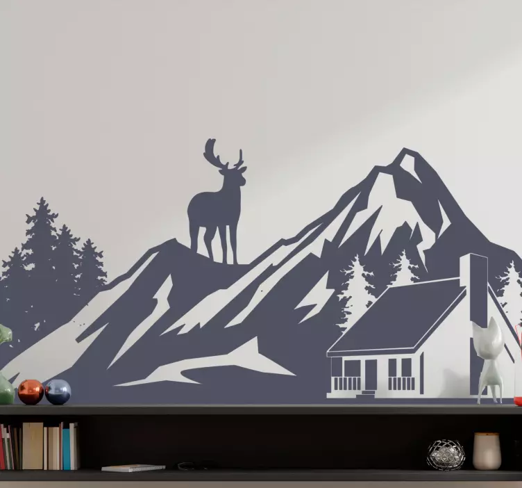 Stickers Cerf sur des montagnes avec une cabane - TenStickers