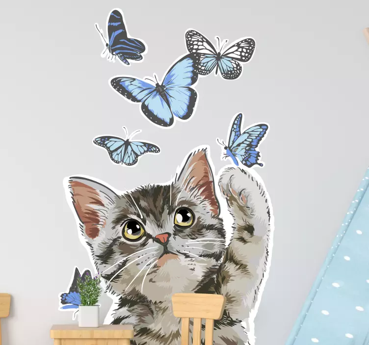 Sticker chiens et chats attraper des papillons bleus - TenStickers