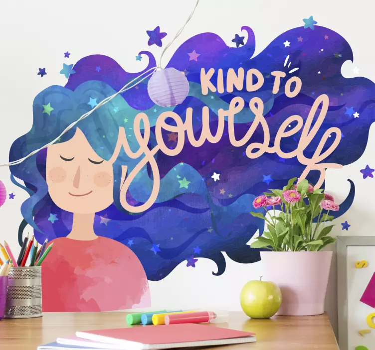 Sticker Motivation Aime toi cite femme aux cheveux bleus - TenStickers